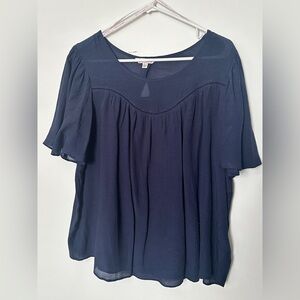 Nanette navy blue sheer flowy top short flutter sleeves size L